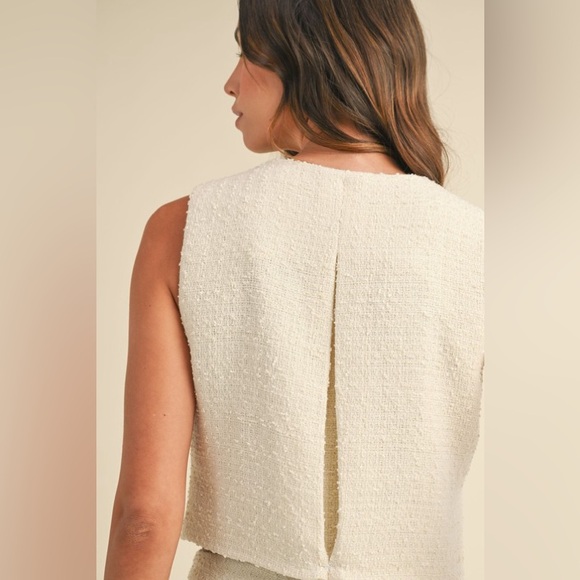 54. Sleeveless Tweed Top and Skirt Set with Jeweled Buttons in Cream - Picture 11 of 11